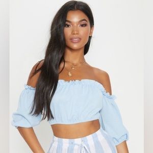 *SOLD* PRETTYLITTLETHING - Tie-back Off-the-shoulder Top - Sky Blue (US 4)